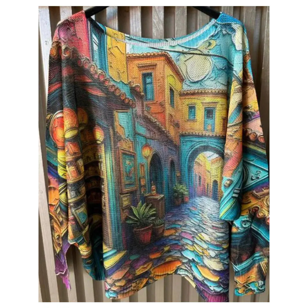 L102 Loowie Blue Houses Round Neck Knit Printed Sweater One Size